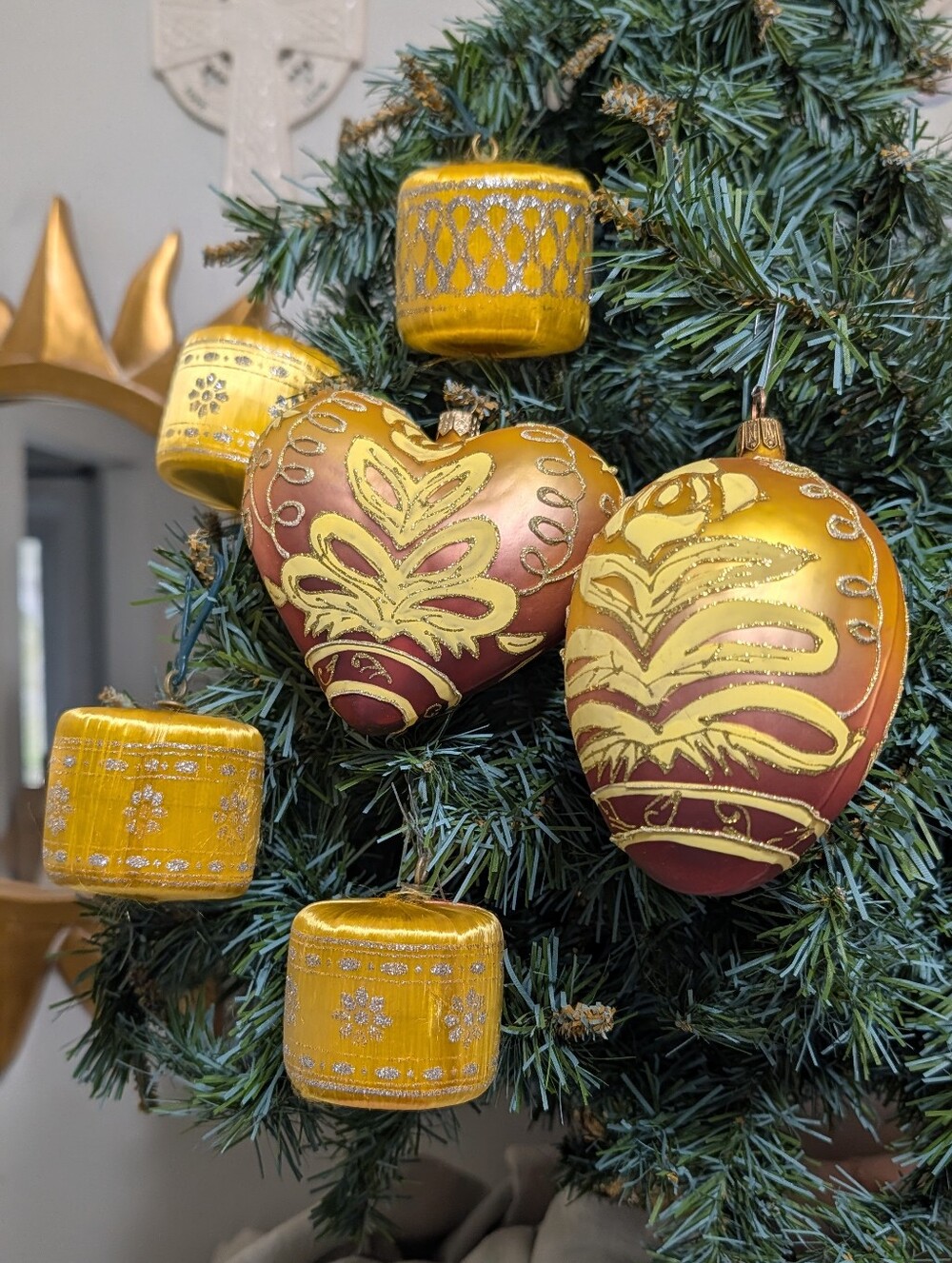 Gold Christmas Ornament 6 PCs Vintage Satin Glass Hand Painted Heart Glitter
